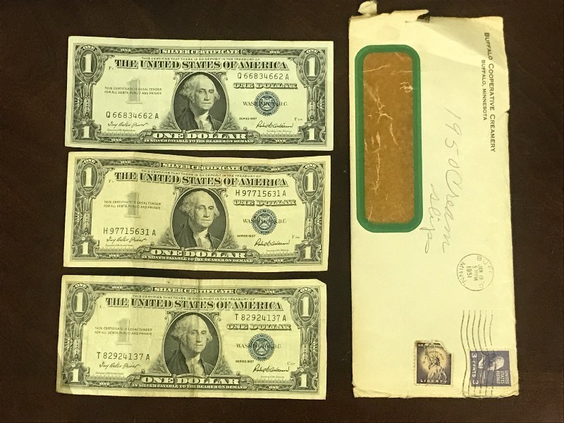 (3) $1 Silver Certificates & (2) 3-Cent Stamps