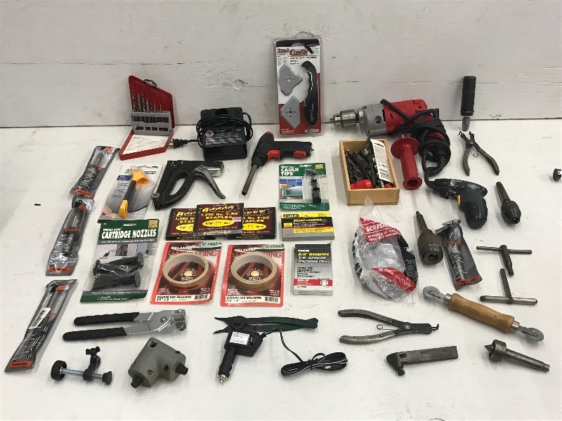 lot 63 image: Crate Full Of Assorted Hand Tools, Hardware & Shop Supplies
