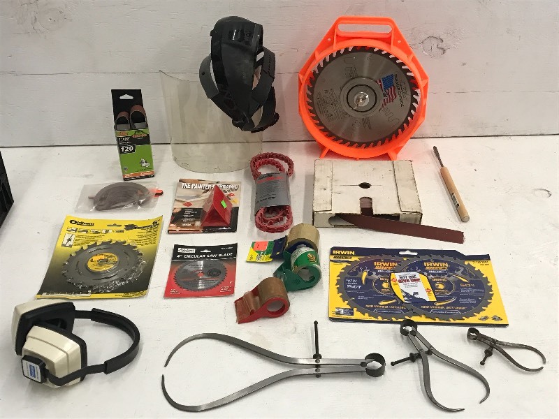 lot 64 image: Crate Full Of Assorted Saw Blades, Tool Accessories, Shop & Garage Supplies