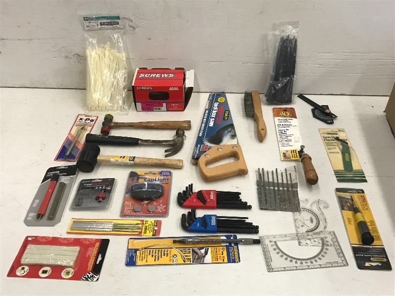 lot 51 image: Box Of Assorted Hand Tools, Hardware & Etc