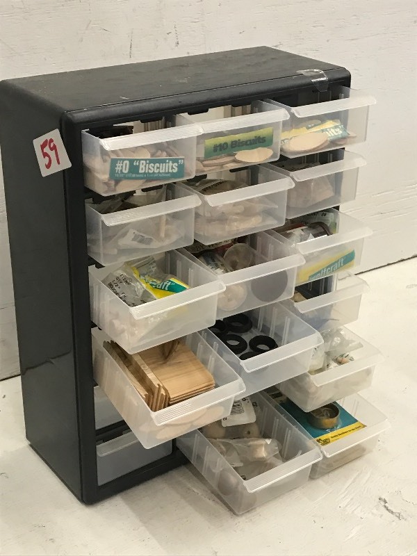 lot 59 image: Benchtop Parts Organizer With Contents