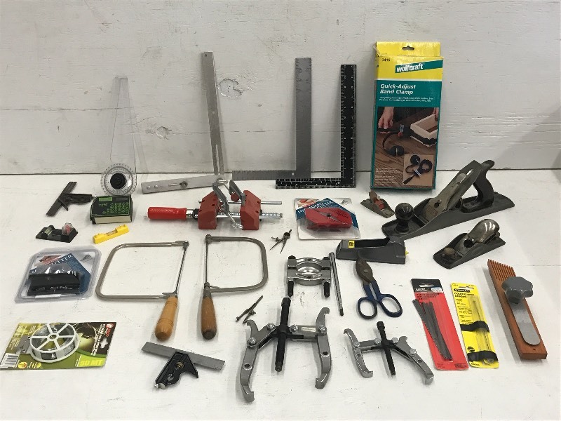 lot 61 image: Box Of Assorted Hand Tools, Woodworking Supplies & Etc