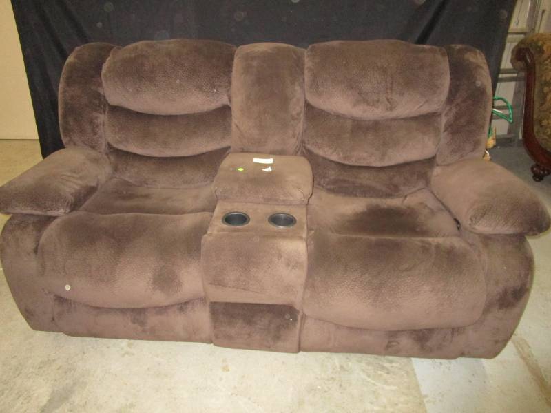 lot 21 image: Nice Brown Couch with reclining chairs , with no stains, cup holders see pictures