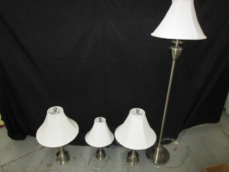 lot 28 image: set of 4 satin nickel lamps with white shades
