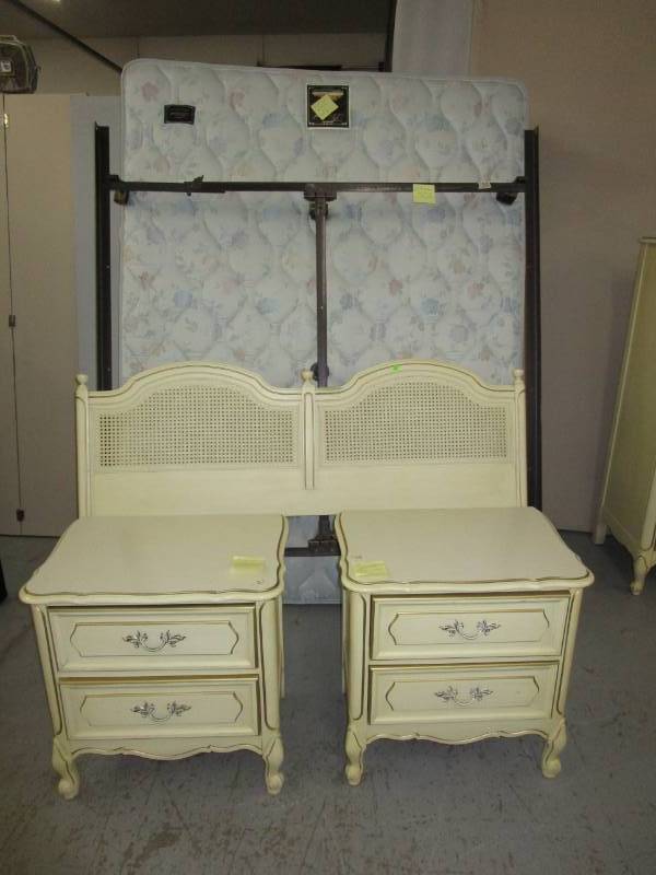 lot 33 image: 2 Ivory and Gold 2 drawer night stands and full Size Bed boxspring and Mattress opt all in very nice condition