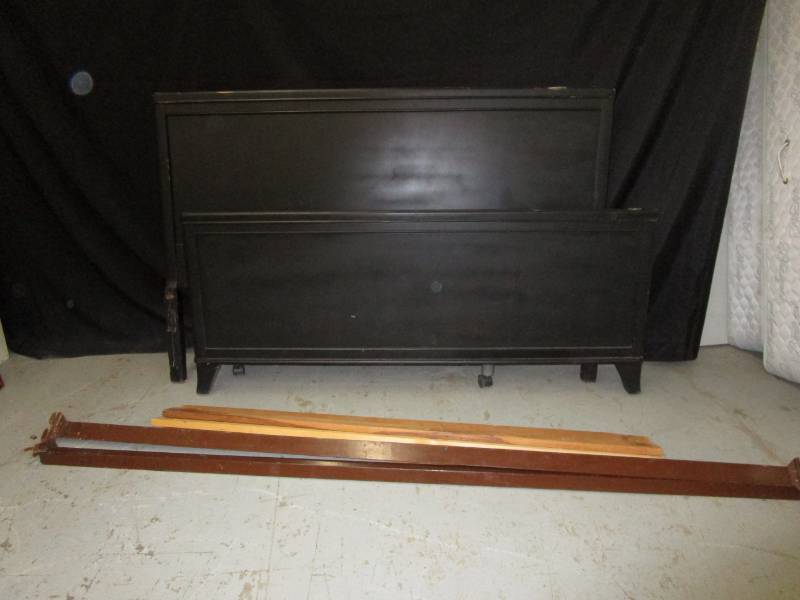 lot 38 image: Full size Walnut headboard and footboard painted black