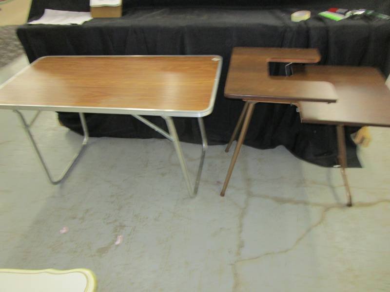 lot 41 image: TWO tables on light aluminum great for deck or patio or holidays and sewing table