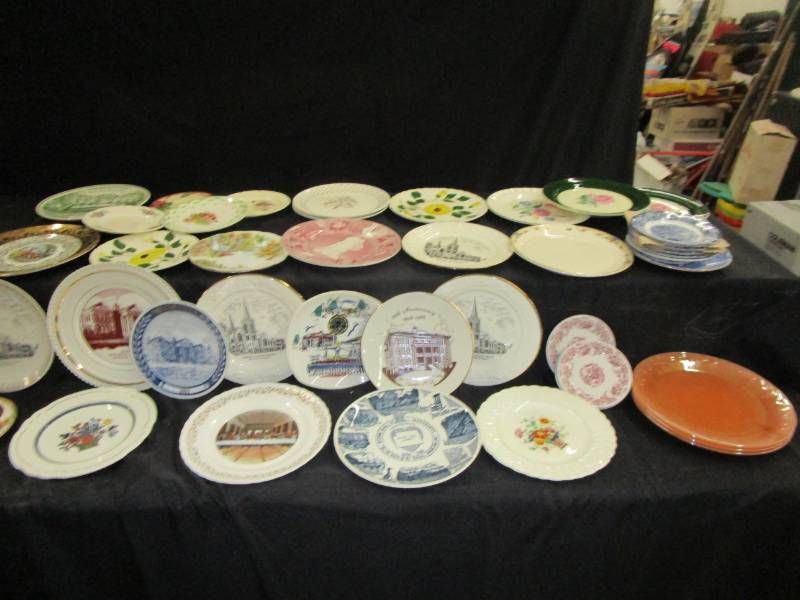 lot 50 image: Various decorative plates, fireking, blue ridge, church plates and so many more