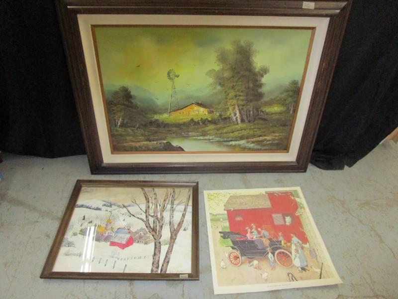 lot 55 image: Three pictures, one large oil painting and farm painting and model T Norman Rockwell