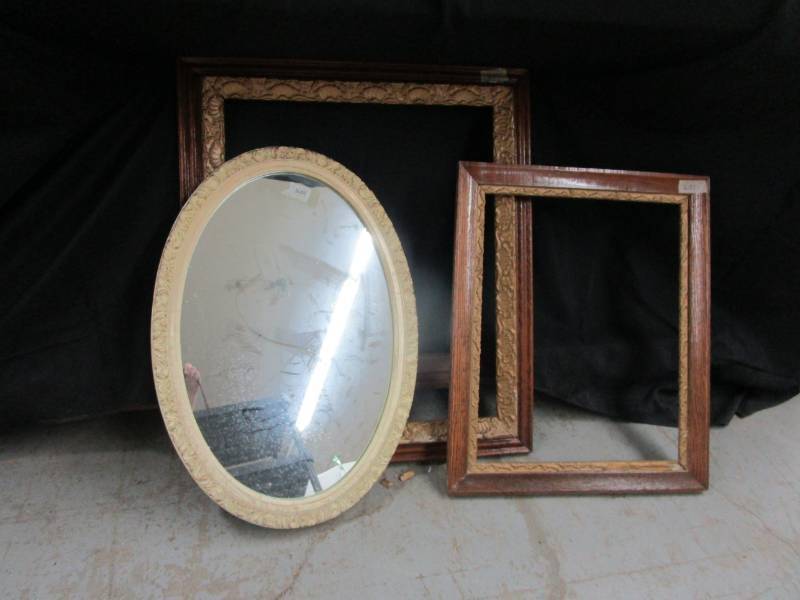 lot 57 image: TWO antique frames and oval mirror