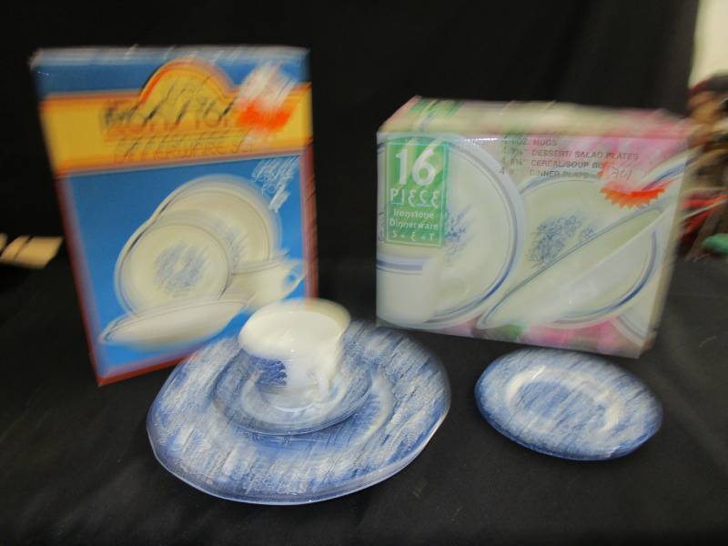 lot 59 image: Unopened dishes, 3 differenct blue sets