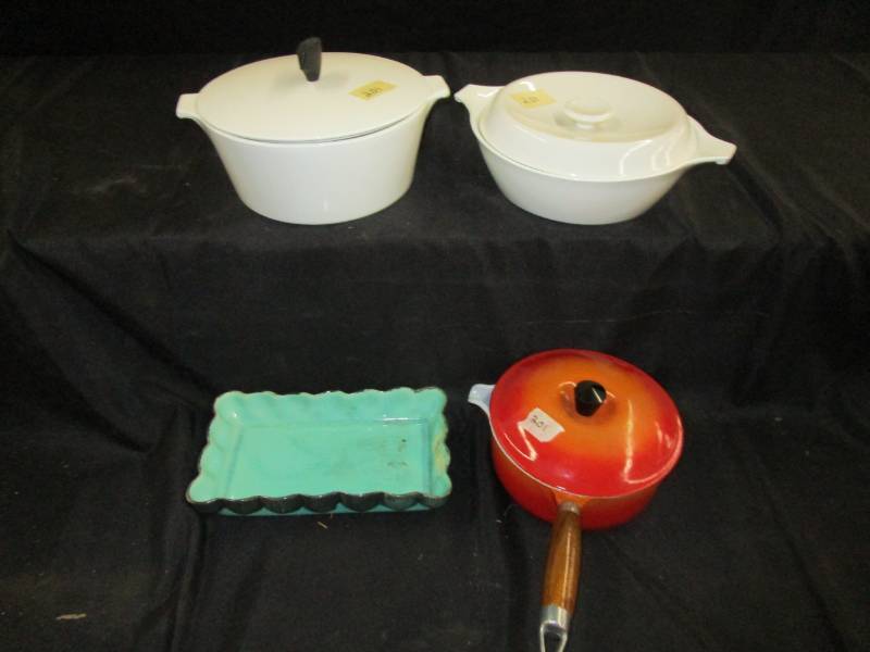 lot 60 image: Cast Iron oranger pan and cover, two caseroles and california dish