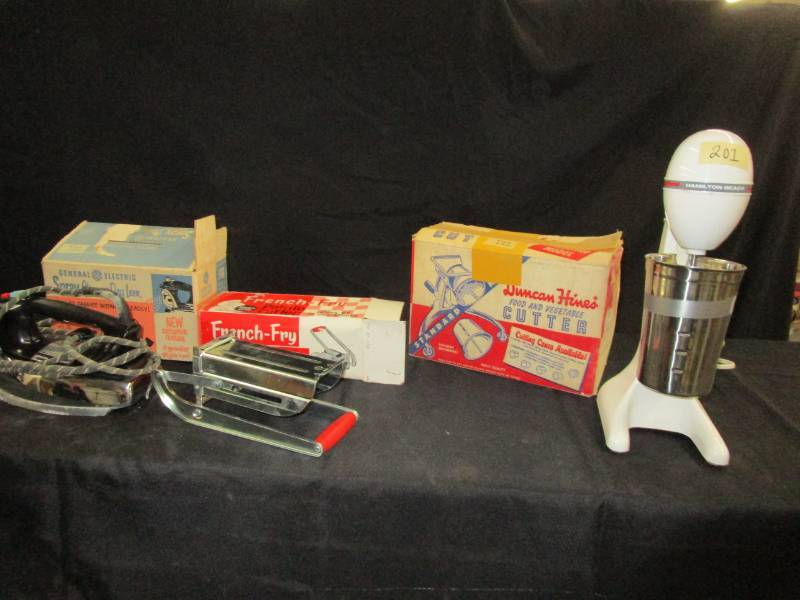 lot 78 image: Antique Hamilton Beach shake Maker, still in box duncan hined food and cutter, french fry potato cutter, steam and dry iron