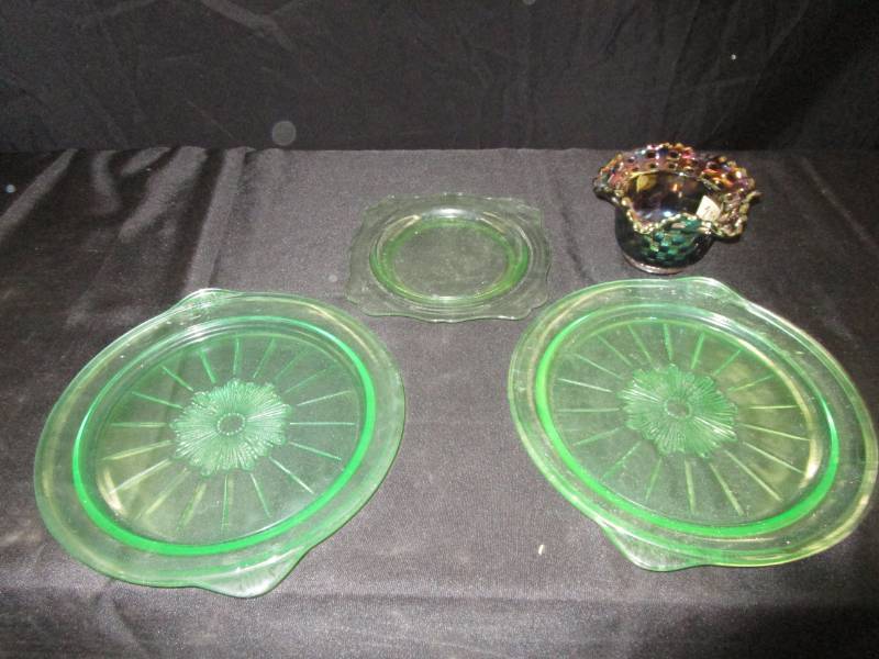 lot 91 image: Green Depression plates and carnival basket weaved dish
