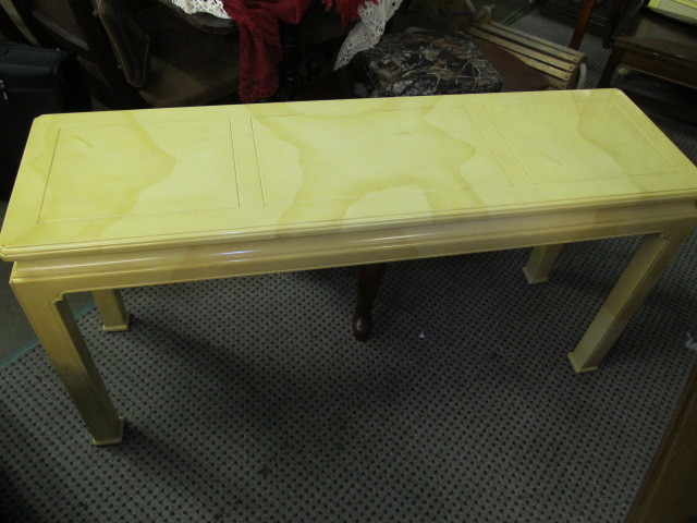 lot 49 image: Henredon Company Vintage Sofa Table w Goatskin Finish