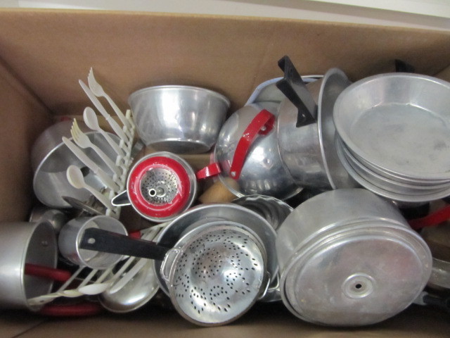 lot 130 image: LARGE Lot of Vintage Aluminum Toy Cooking Items Pots Pans etc