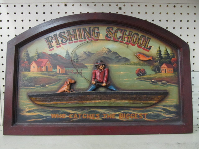 lot 137 image: Antique Style FISHING SCHOOL Hand Painted Wooden Sign