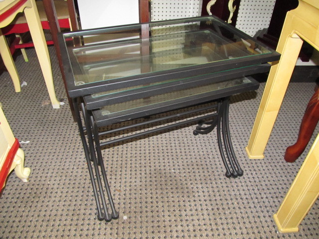 lot 120 image: Set of 3 Black Metal & Glass Nesting Tables