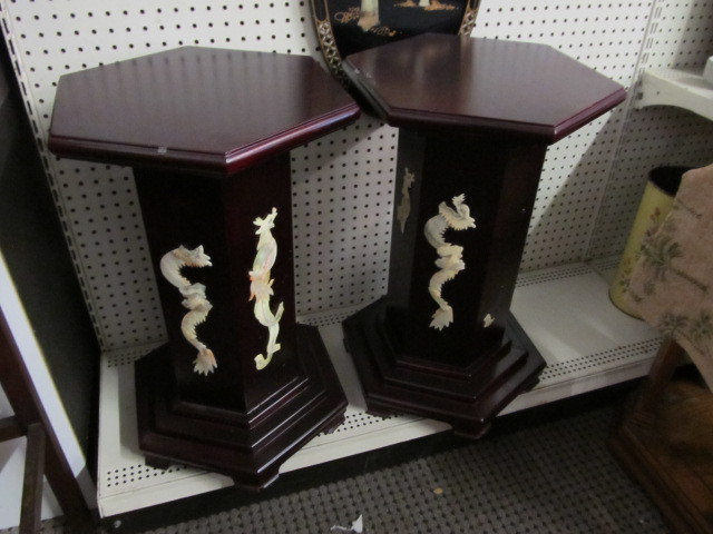 lot 121 image: Pair of Wood & Mother of Pearl Oriental Plant Stand Tables