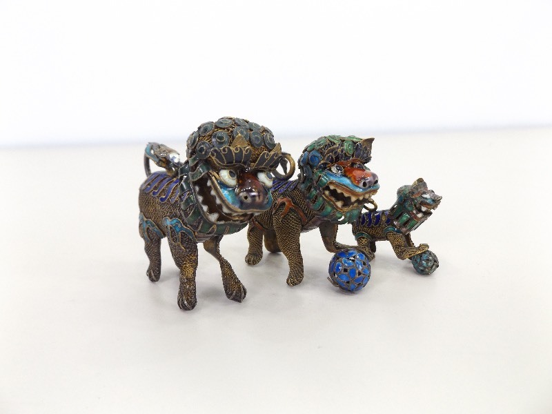 lot 9 image: 3 Antique Enamel Filigree Foo Dog Figures