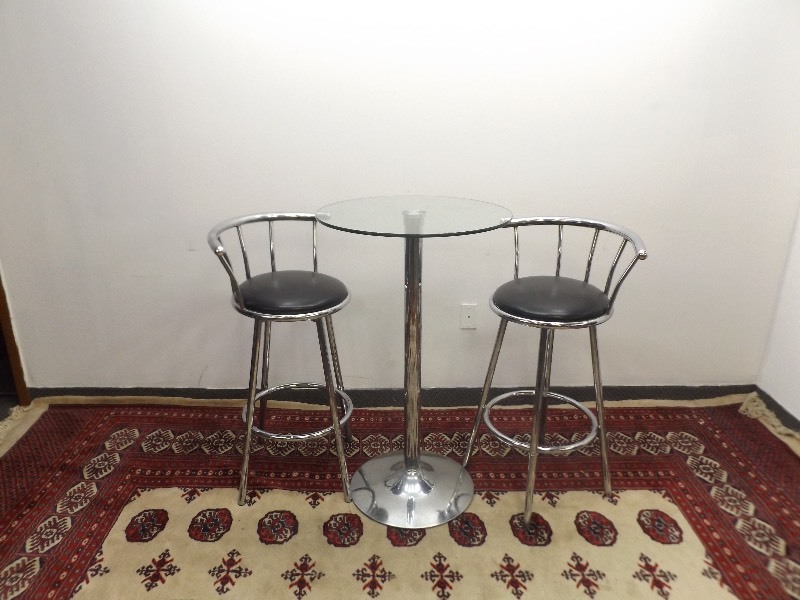 lot 37 image: Chrome Glass Top Bistro Table and 2 Swivel Chairs
