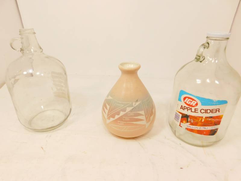 lot 65 image: Two One Gallon Jugs And An Indian Mosaic Vase