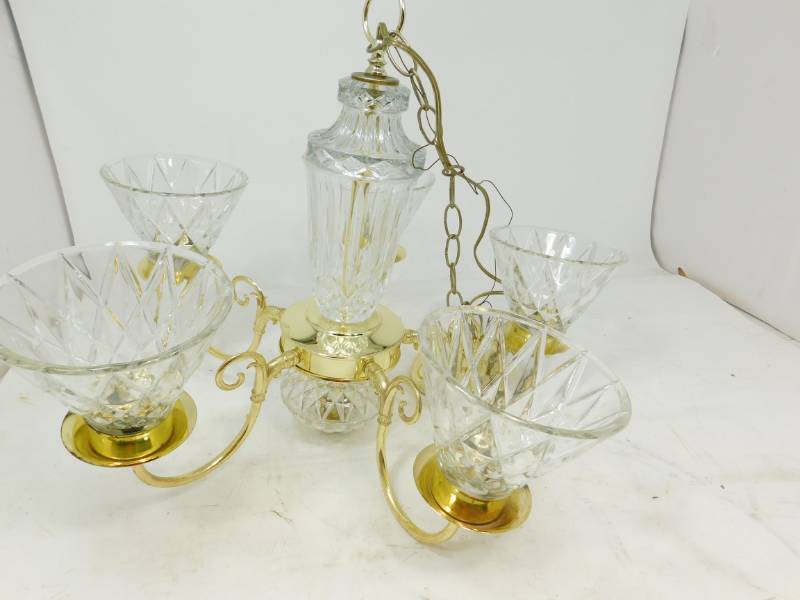 lot 97 image: Gold & Clear Hanging Glass Chandelier With Five Lights