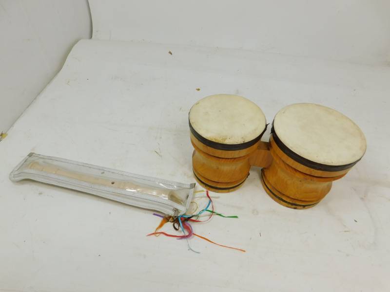 lot 102 image: Bongo Drums & A Yamaha Soprano Recorder In Case