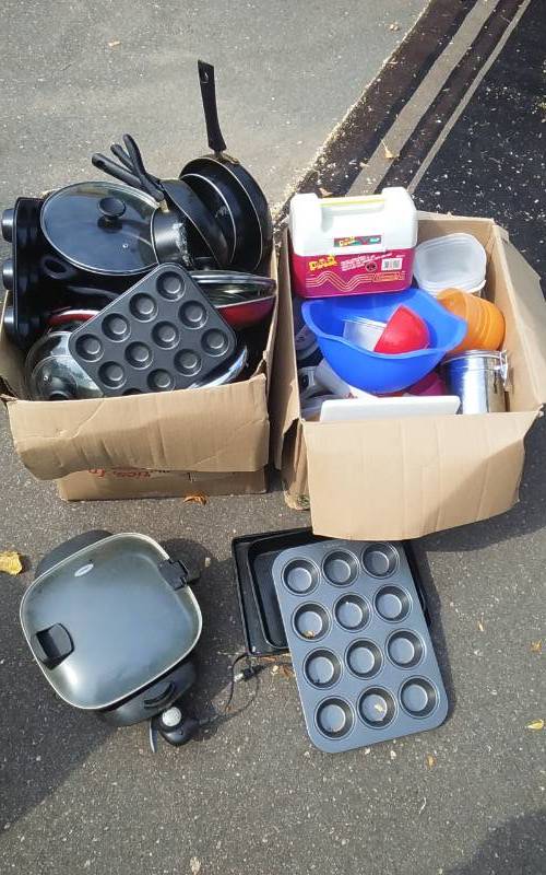 lot 11 image: 2-Boxes Kitchen Cookware, Electric Skillet, Calphalon Bakeware, Plastic Food Storage Containers