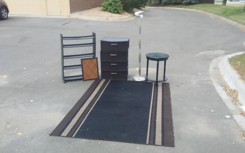 lot 17 image: Area Rug, Brushed Nickel Floor Lamp, Stacking Drawers, Small 3-Leg Table, Bulletin Board, Media Shelf