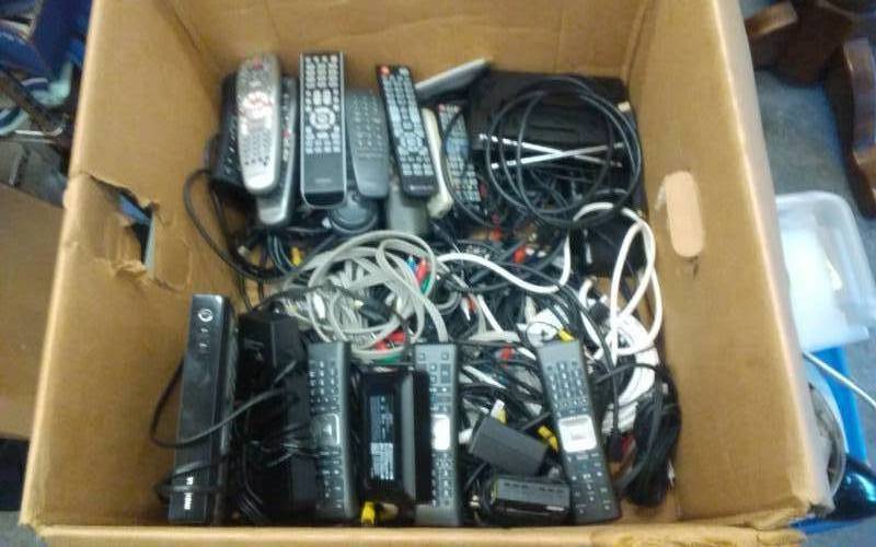 lot 22 image: Converter Boxes, Cable Boxes, Xfinity Boxes, Remotes, Cables (HDMI, Coax, RCA)