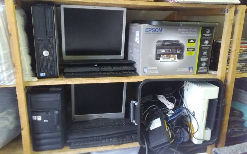 lot 26 image: Dell Computer, HP Computer, 2-HP Monitors, 6-Keyboards, Epson Work Force 2630 Printer, Tote With Lid FULL Of Computer Accessories