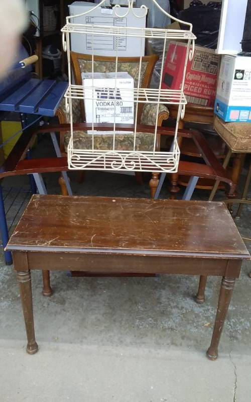 lot 45 image: Piano Bench 30x14x20 -AND-Ornamental Metal Wall Shelf 23x17