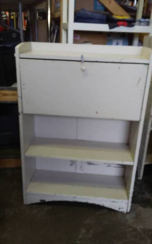lot 47 image: Vintage Wood Painted Shelf With Drop Down Writing DeskSecretary & Pigeon Hole Insert 30x11x44