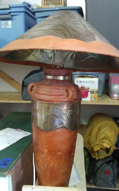 lot 50 image: Leather Wrapped Pottery Lamp With Tooled Metal Shade 36 & Ornamental Iron Stand 43, Pottery Planter