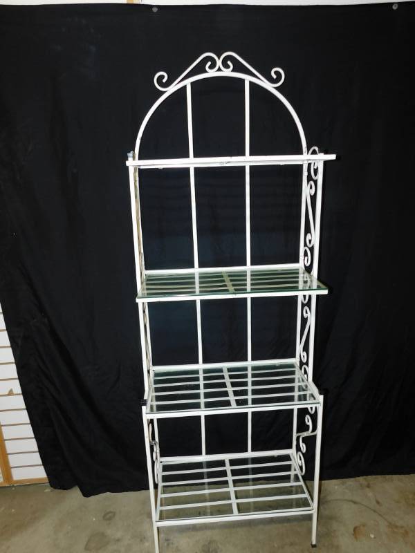 lot 7 image: Vintage Bakers Rack With Four Shelves With Glass On Them