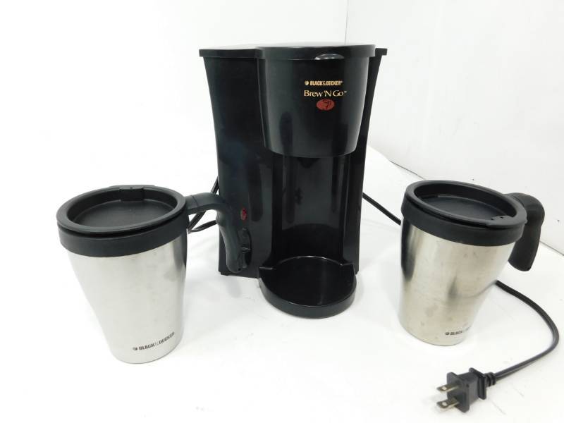 lot 41 image: Electric Black & Decker Brew N Go Travel Coffee Maker & Two Stainless Steel Mugs