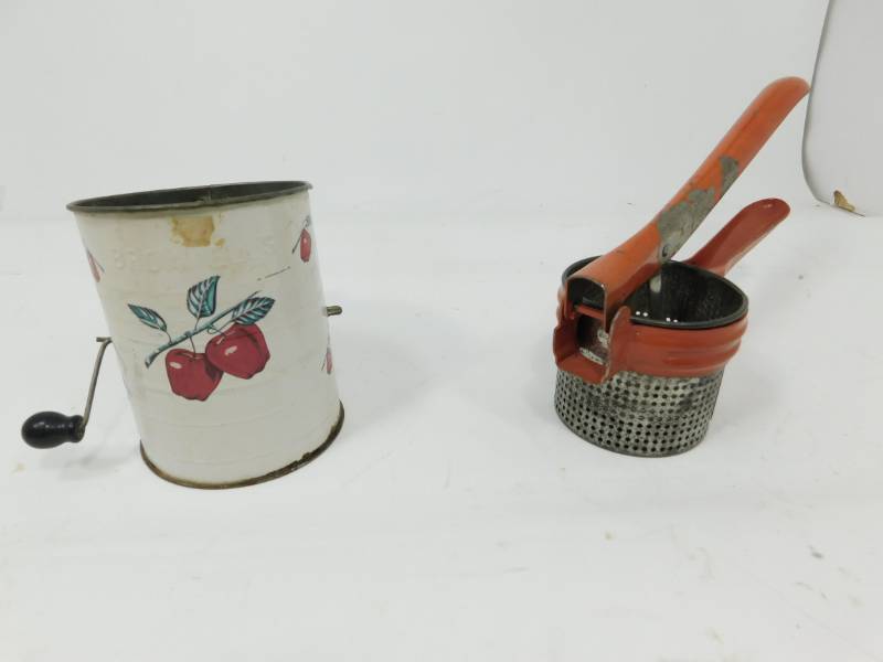 lot 62 image: Antique Potato Ricer & Antique Bromwells Flour Sifter