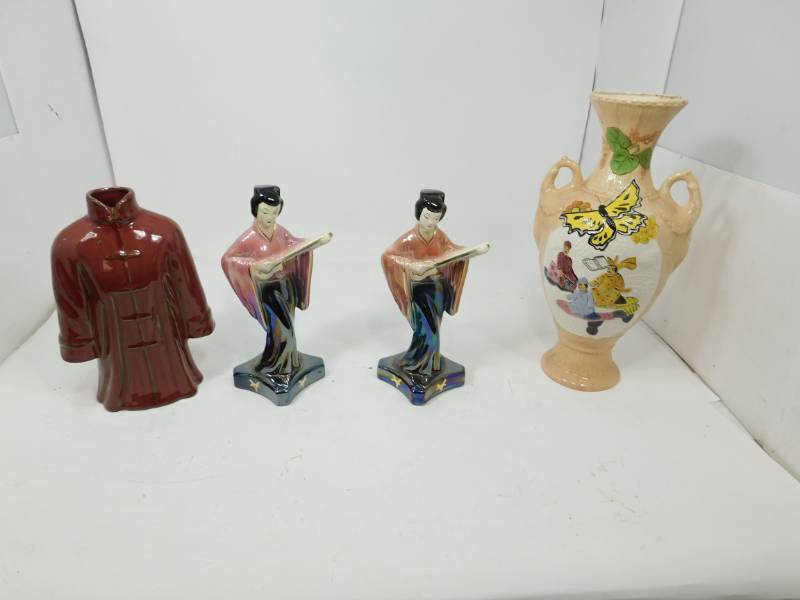 lot 70 image: Large Decanter For Floral Arrangement & Two Asian Girls & An Asian Jacket Vase