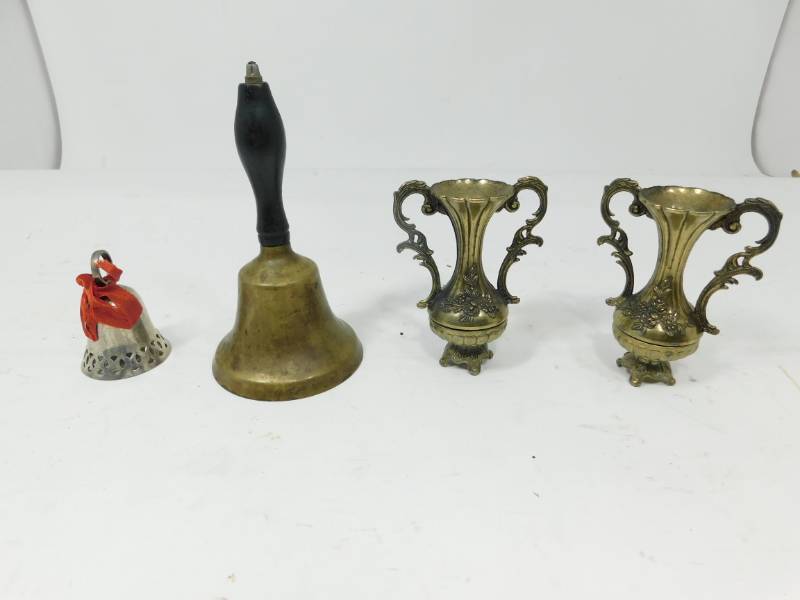 lot 72 image: Two Antique Brass Bud Vases--Large Metal Bell--A Silver Christmas Bell From 1994