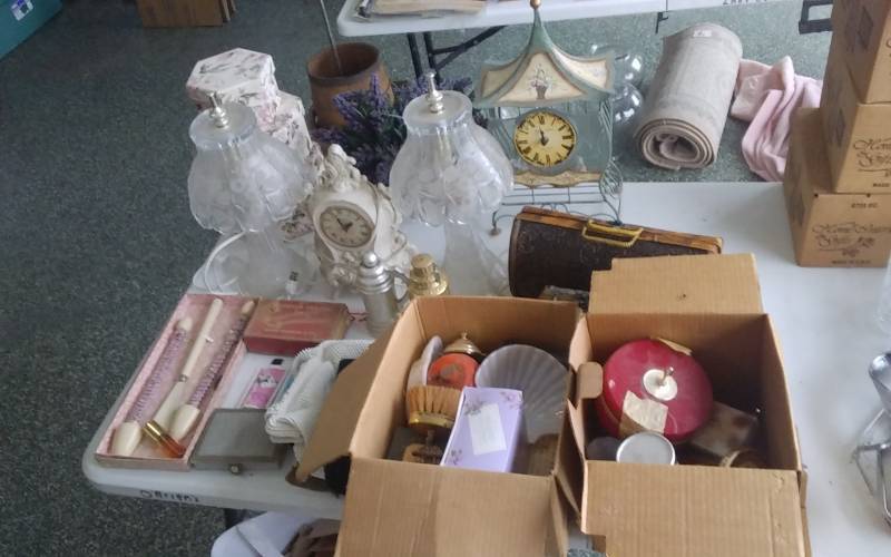 lot 53 image: Pair Crystal Lamps, Assorted Dresser Related, Bird House With Clock, Fancy Stack Boxes, Purses, Avon Bottles