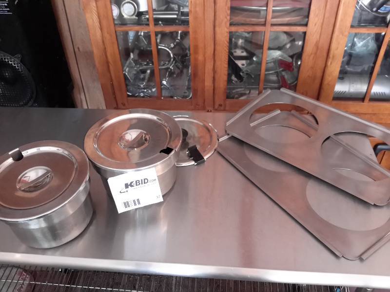 lot 37 image: 2, Stainless steel 8in x 8 in round food pans with covers.. Pan holder