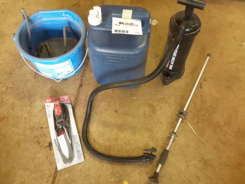 lot 116 image: Lot of Camping Materials, Water Jug, Heated Bowl, Knife, Blow Gun