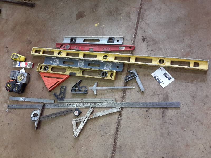lot 195 image: Lot of Levels, Tape Measurers, Squares, and More