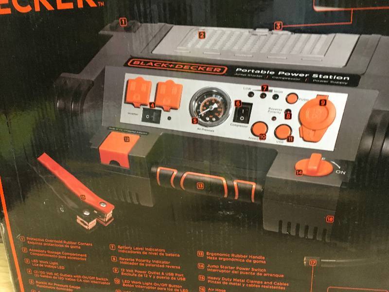 Black and Decker Power Station 1000 peak500 instant amps 500w inverter 120 psi air compressor open box not used