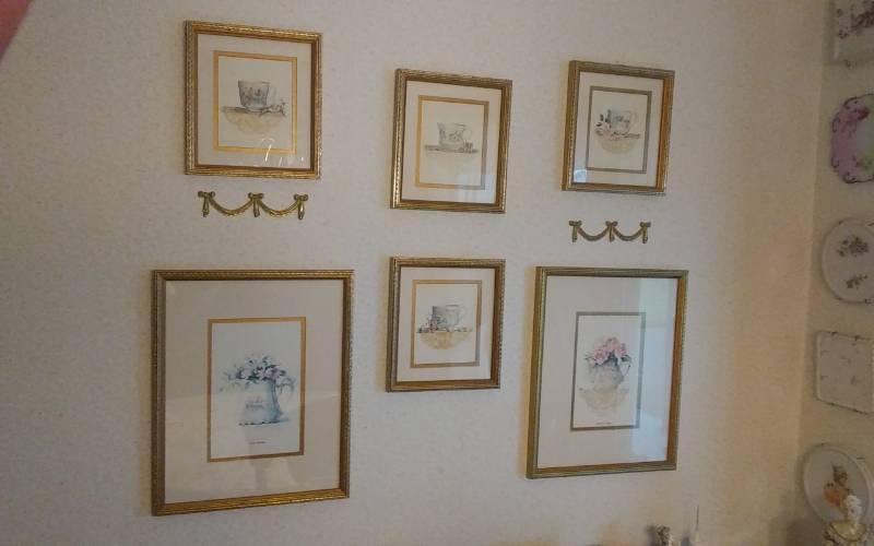 lot 1 image: Gold Frame Tea Pot & Tea Cup Art Signed By Sandy Lyman Clough