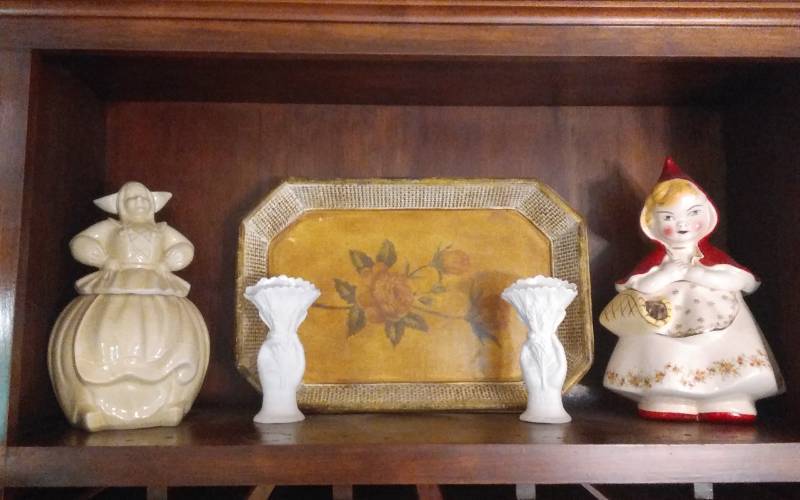 lot 7 image: Dutch Girl Cookie Jar, Little Red Riding Hood Cookie Jar (Hall & Kane), Tray & 2-Vases