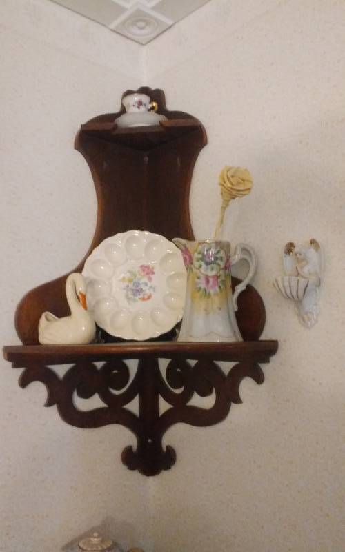 lot 10 image: Wood Corner Shelf (30), Egg Plate, Fancy Pitcher, Holy Water Font
