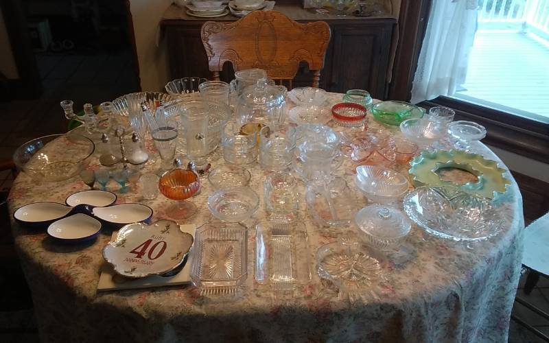 lot 17 image: Large Lot Of Glassware (Pink & Green Depression, Relish & Candy Dishes, Salt & Peppers, Candlesticks)