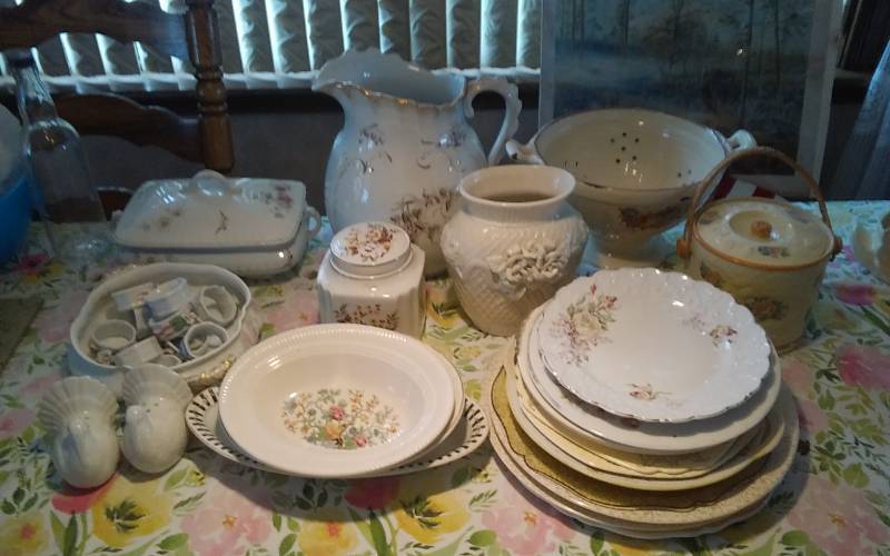 lot 19 image: Vintage Plates, Dresden Pitcher, Covered Casserole (England), Vase, Napkin Rings, Veg Bowls